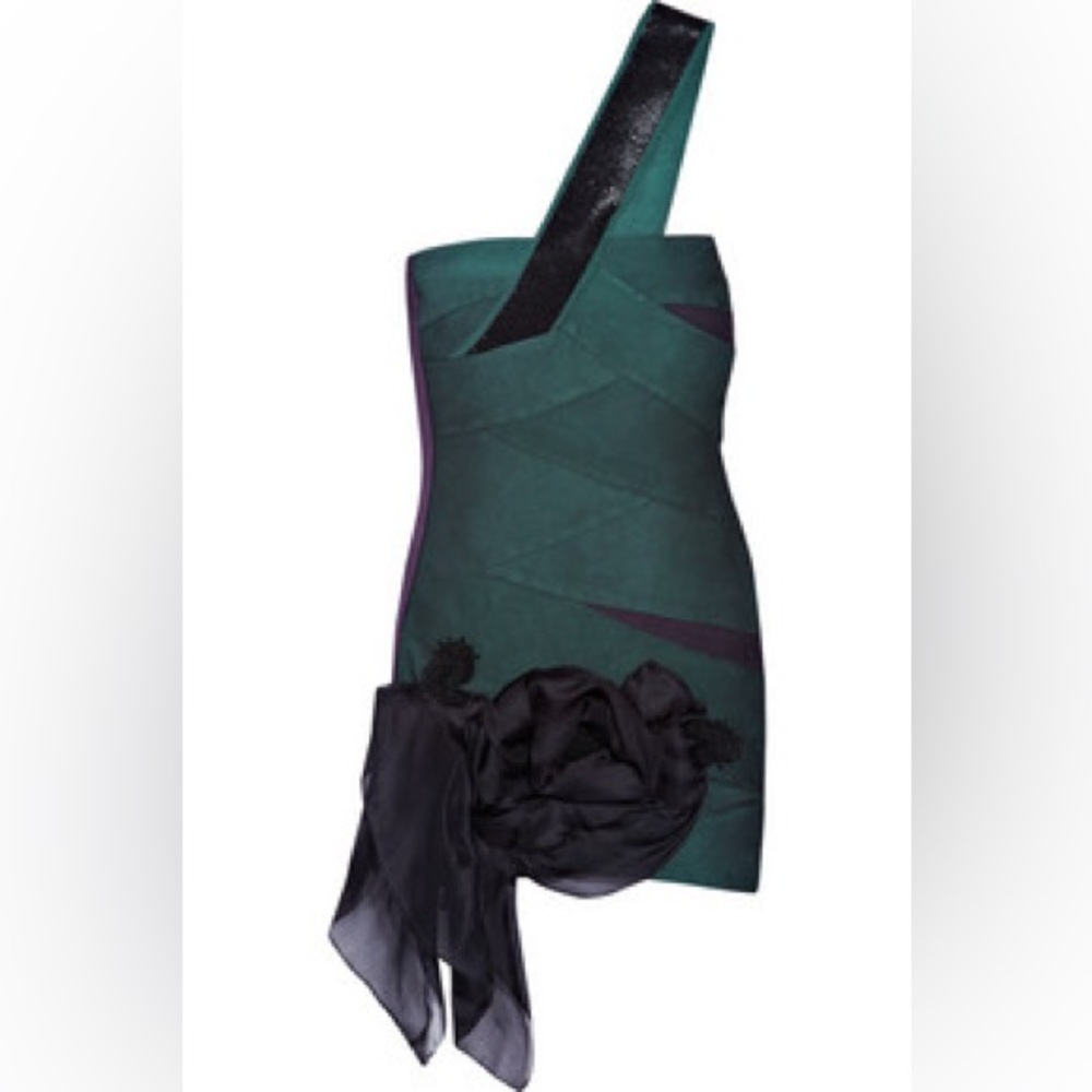 Custom-Made One-Shoulder Green Bandage Dress with Black Floral Detail – XS